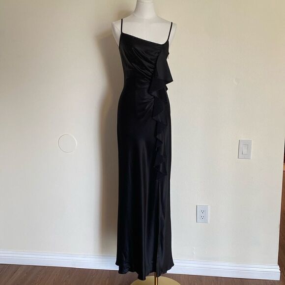 ABS Allen Schwartz Black Asymmetrical Ruffle Gown Size 4 - Picture 2 of 12